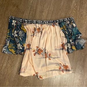 Soft off the shoulder flowing Chrysanthemum floral Boho patchwork blouse